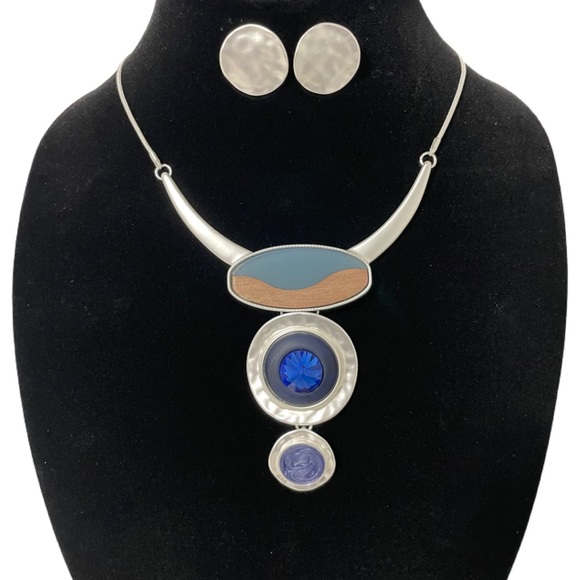 Jewelry - 1128-Wooden Point Bib Necklace Set-Blue/Silver